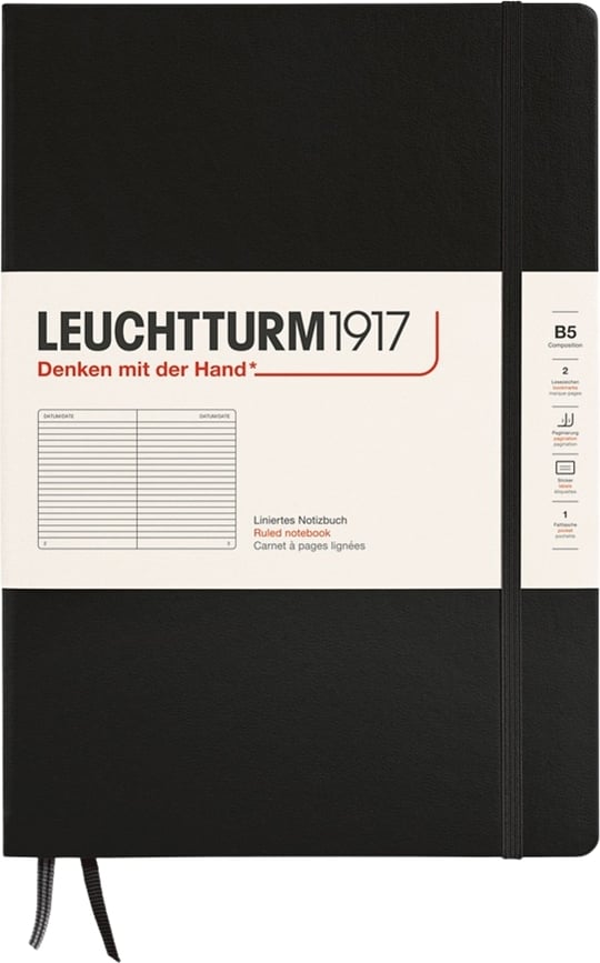 Leuchtturm 1917 Carnet à couverture rigide ligné, format B5, 219 pages, 80 g/m², noir