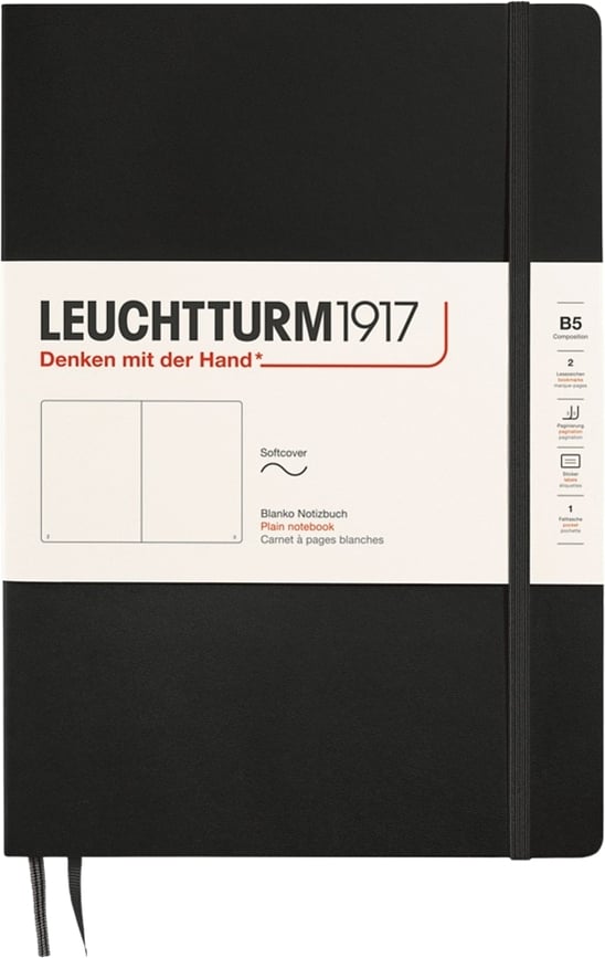 Leuchtturm 1917 Carnet à pages unies, couverture souple, format B5, 123 pages, 80 g/m², noir