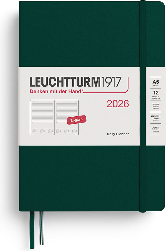 Leuchtturm 1917 Dnevni Planer tvrdi uvez 2026 EN A5 šumsko zelena