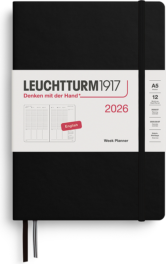 Leuchtturm 1917 Ημερολόγιο Εβδομαδιαίο, 2026, Α5, με στήλες, σκληρό εξώφυλλο, EN, μαύρο