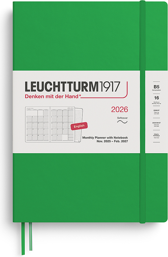 Leuchtturm 1917 Mesečni planer z zvezkom, 2025/2027, 16M, B5, svetlo zelen