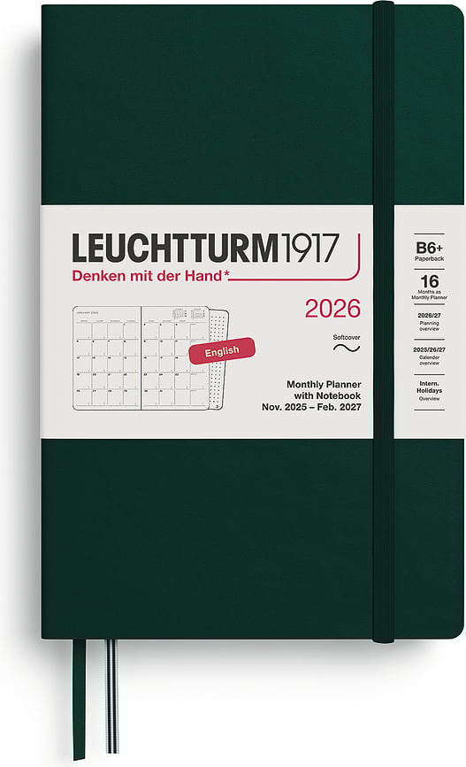 Leuchtturm 1917 Mjesečni Planer s bilježnicom meki uvez 2025/2027 16M EN B6+ šumsko zelena