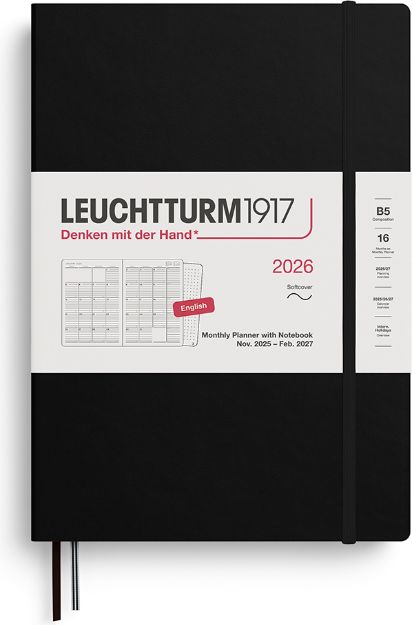 Leuchtturm 1917 Monatsplaner mit Notizbuch 2025-2027 16M EN B5, schwarz
