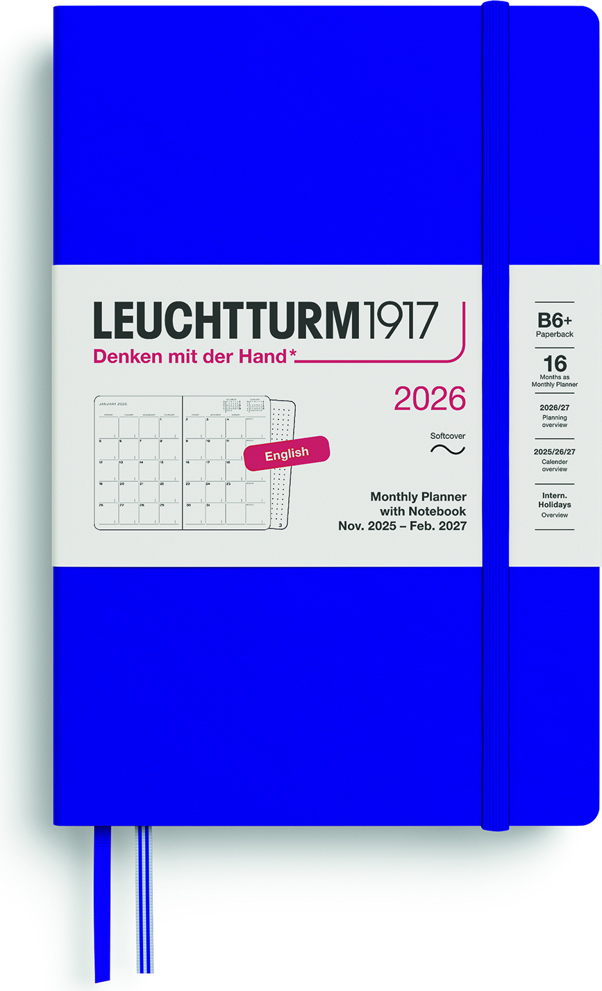Leuchtturm 1917 Monatsplaner mit Notizbuch 2025-2027 16M EN B6+, dunkelblau