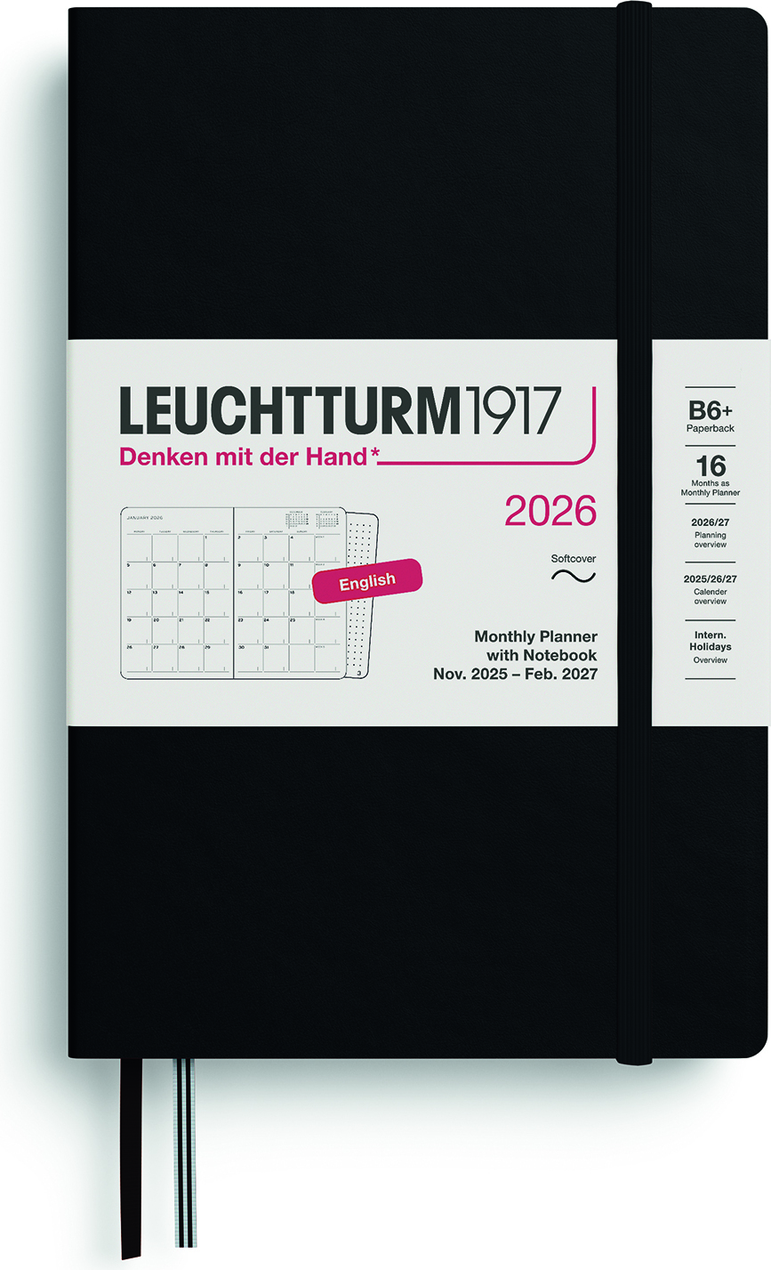 Leuchtturm 1917 Monatsplaner mit Notizbuch 2025/2027 16M EN B6+, schwarz