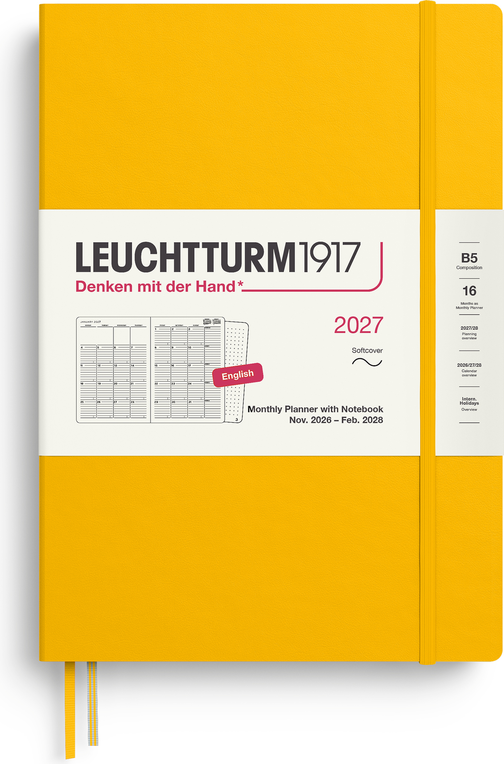 Leuchtturm 1917 Monatsplaner mit Notizbuch Softcover 2027, 16 Monate, EN, B5, gelb
