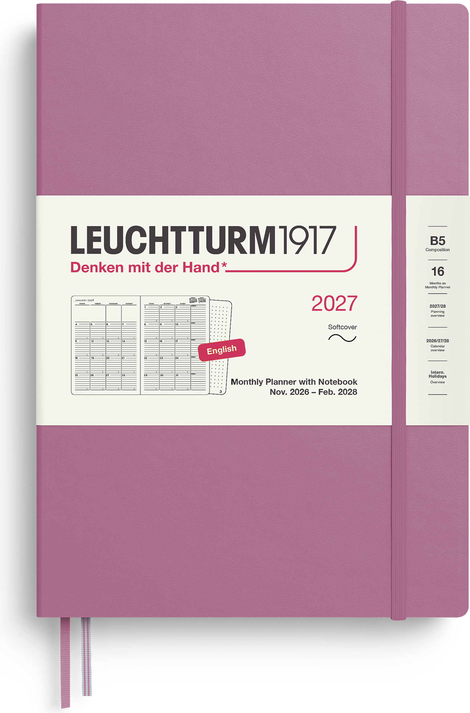 Leuchtturm 1917 Monatsplaner mit Notizbuch Softcover 2027, 16 Monate, EN, B5, rosa
