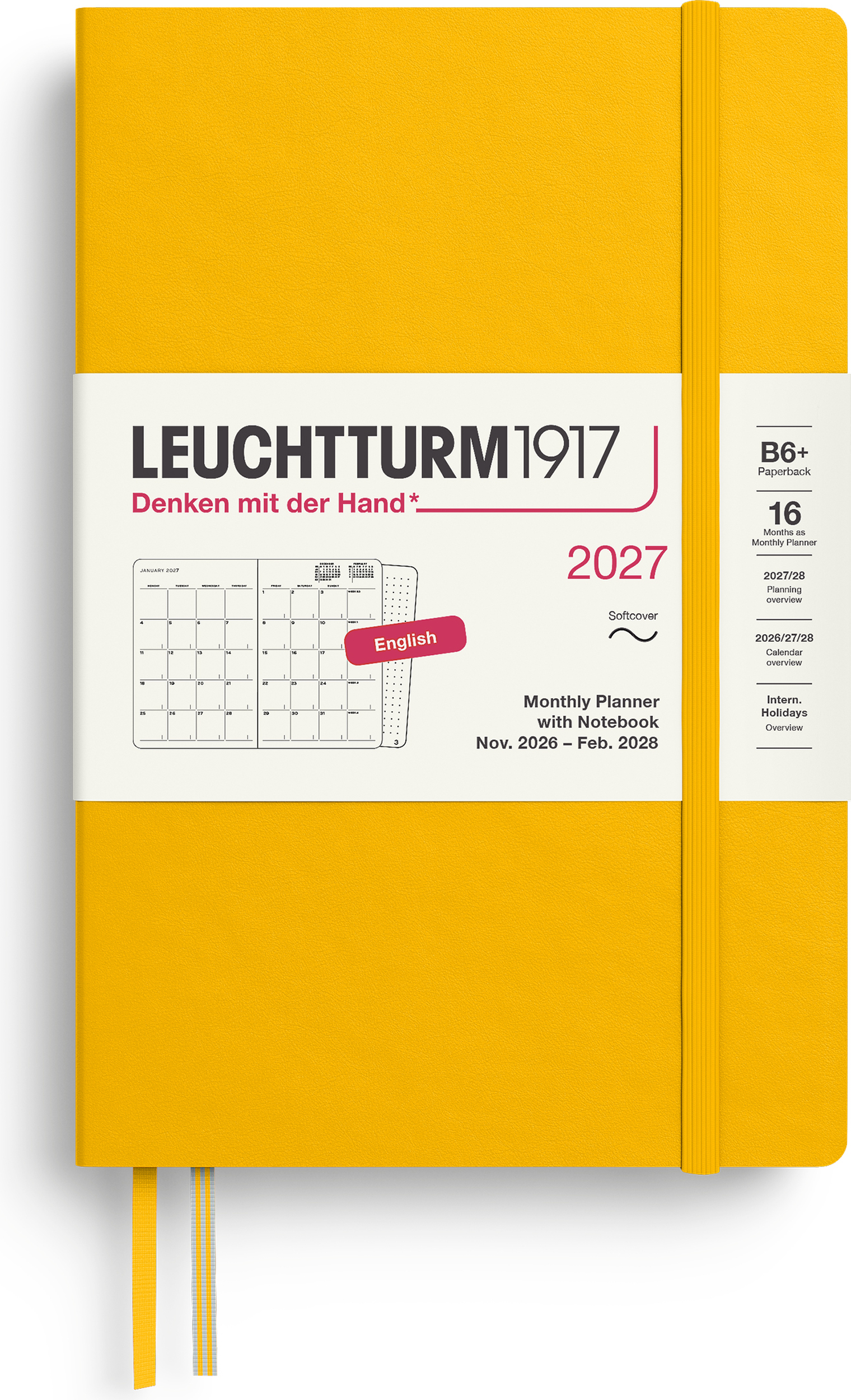 Leuchtturm 1917 Monatsplaner mit Notizbuch Softcover 2027 16 Monate EN B6+, gelb
