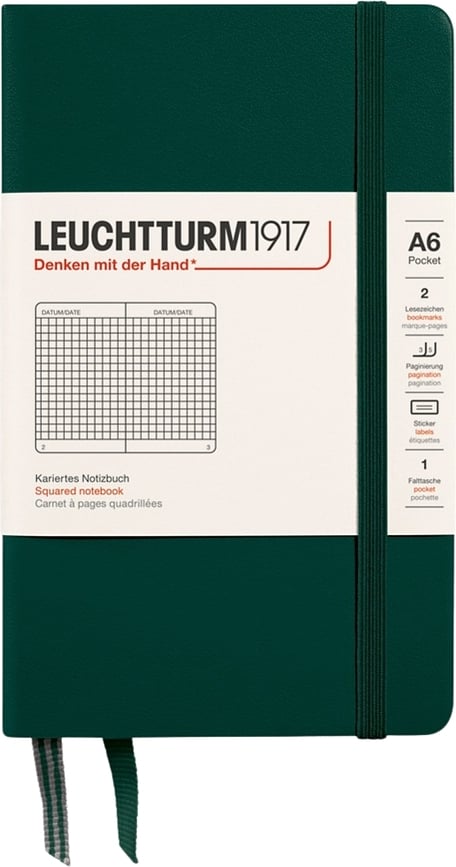 Leuchtturm 1917 Notes, A6, 187 strani, karirast, trda vezava, gozdno zelen, 80 g/m²