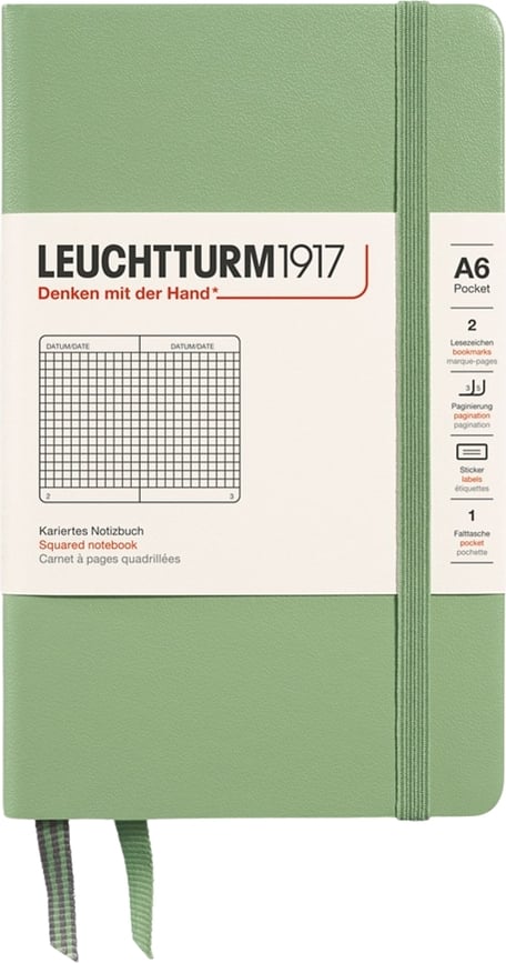 Leuchtturm 1917 Notes, A6, 187 strani, karirast, trda vezava, žajbljevo zelen, 80 g/m²