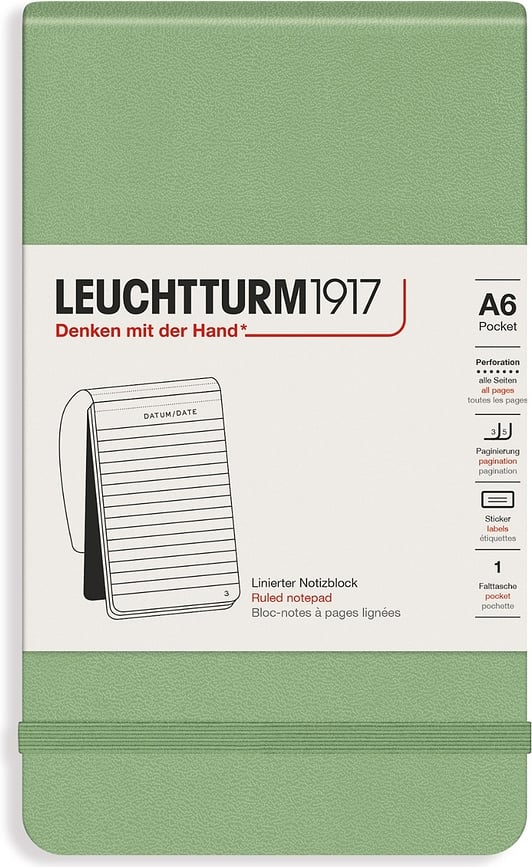 Leuchtturm 1917 Notes v črto, trda vezava, A6, 184 strani, žajbljevo zelena, 80 g/m²