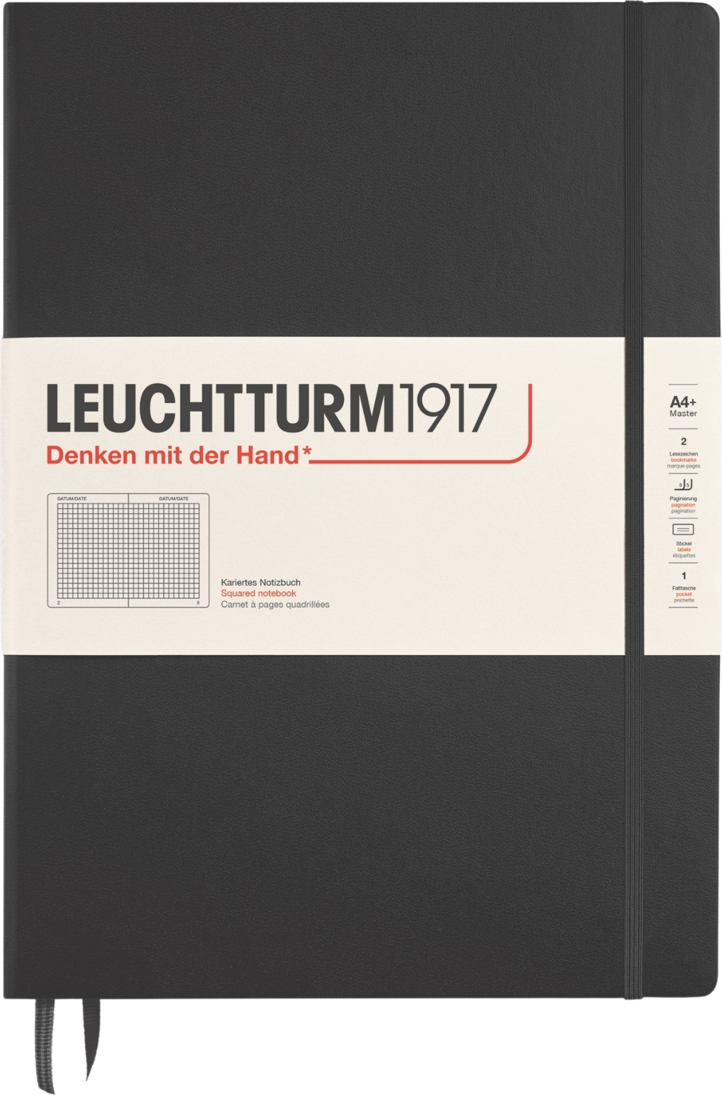 Leuchtturm 1917 Notizbuch A4+, kariert, Hardcover, 235 Seiten, 100 g/m², schwarz