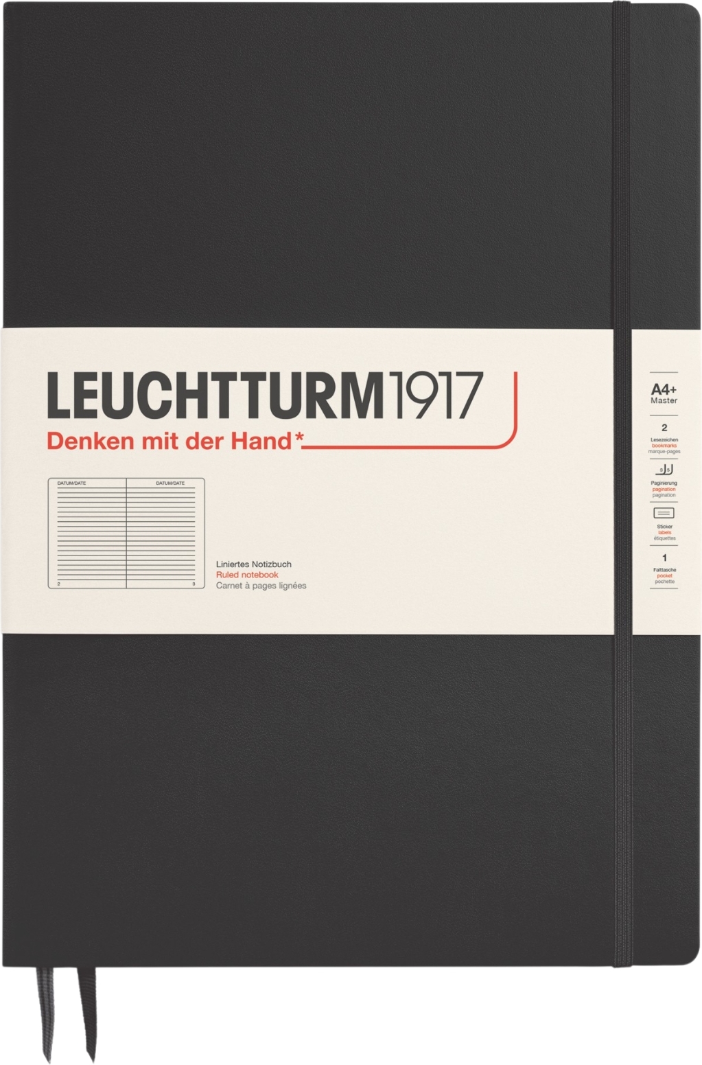 Leuchtturm 1917 Notizbuch A4+, liniert, Hardcover, 123 Seiten, 100 g/m², schwarz