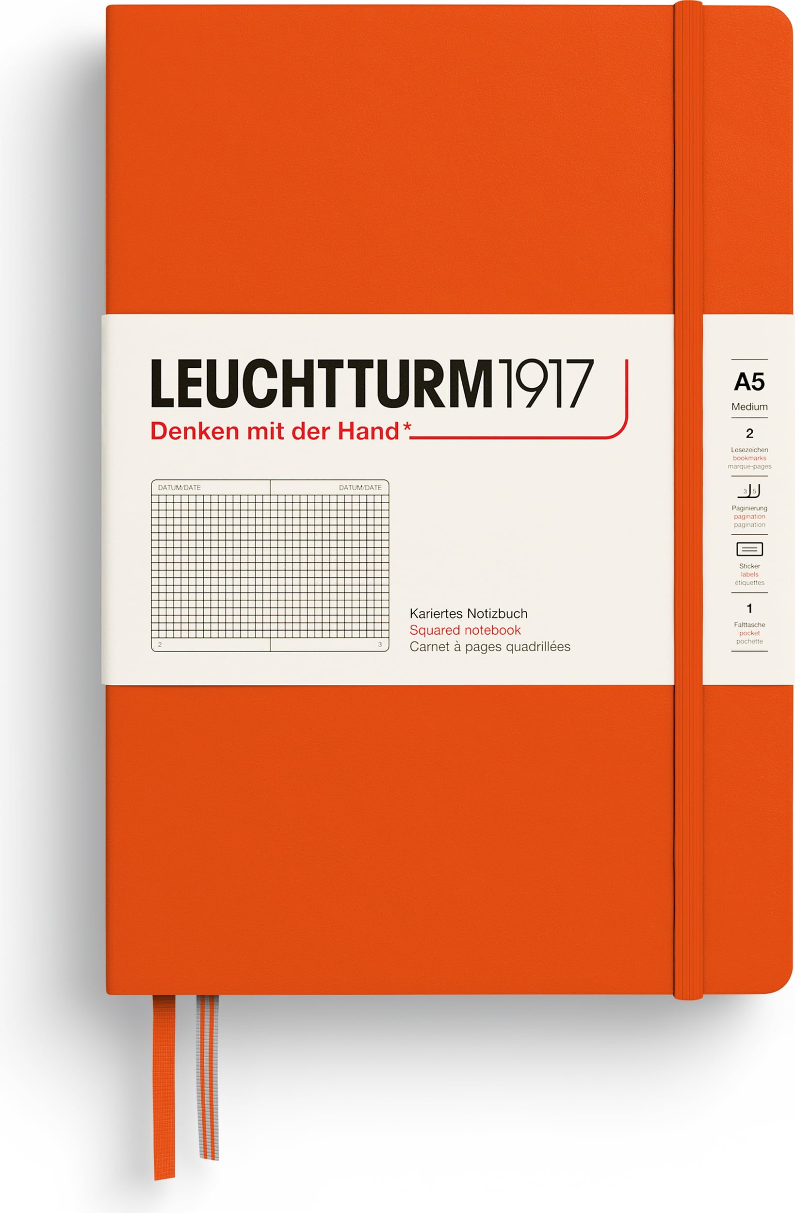Leuchtturm 1917 Notizbuch A5, kariert, Hardcover, 251 Seiten, kürbisgelb, 80 g/m²