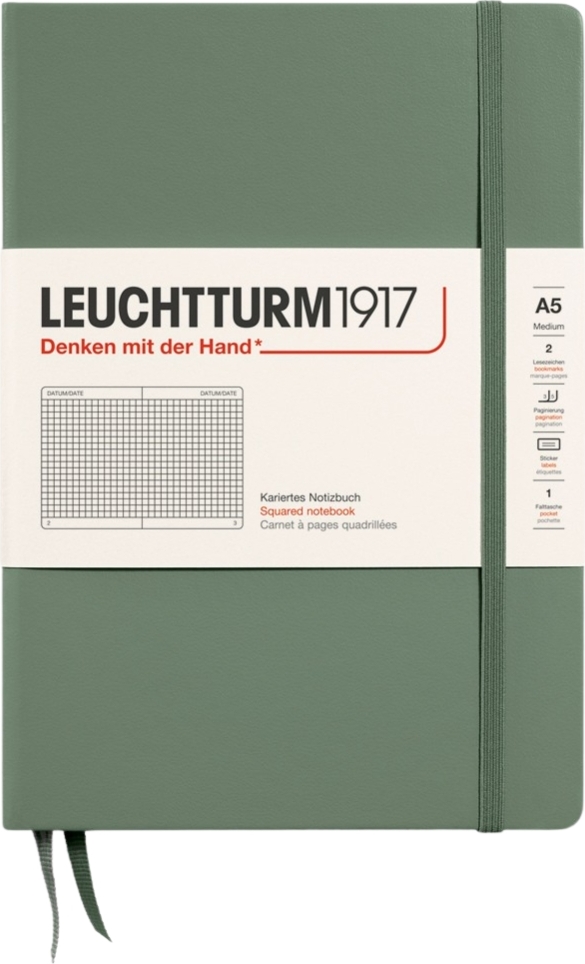Leuchtturm 1917 Notizbuch A5, kariert, Hardcover, 251 Seiten, olivgrün, 80 g/m²