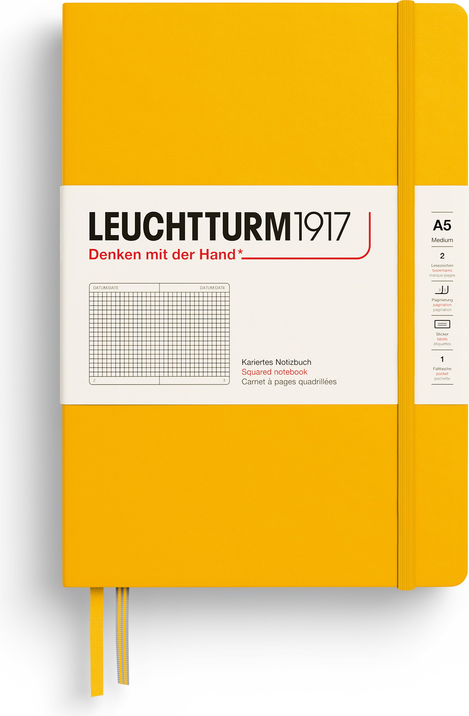 Leuchtturm 1917 Notizbuch A5, kariert, Hardcover, 251 Seiten, sonnengelb, 80 g/m²