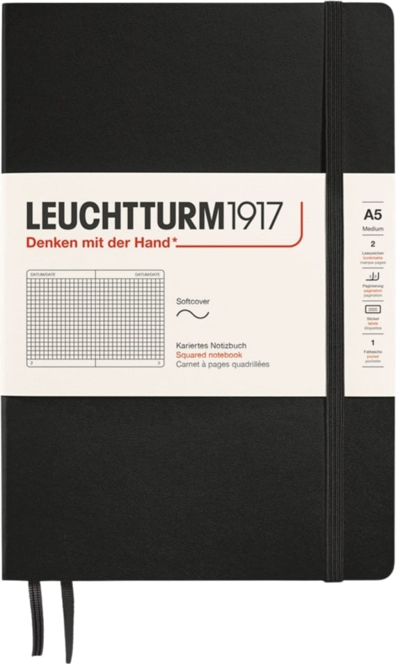 Leuchtturm 1917 Notizbuch A5, kariert, Softcover, 123 Seiten, schwarz, 80 g/m²