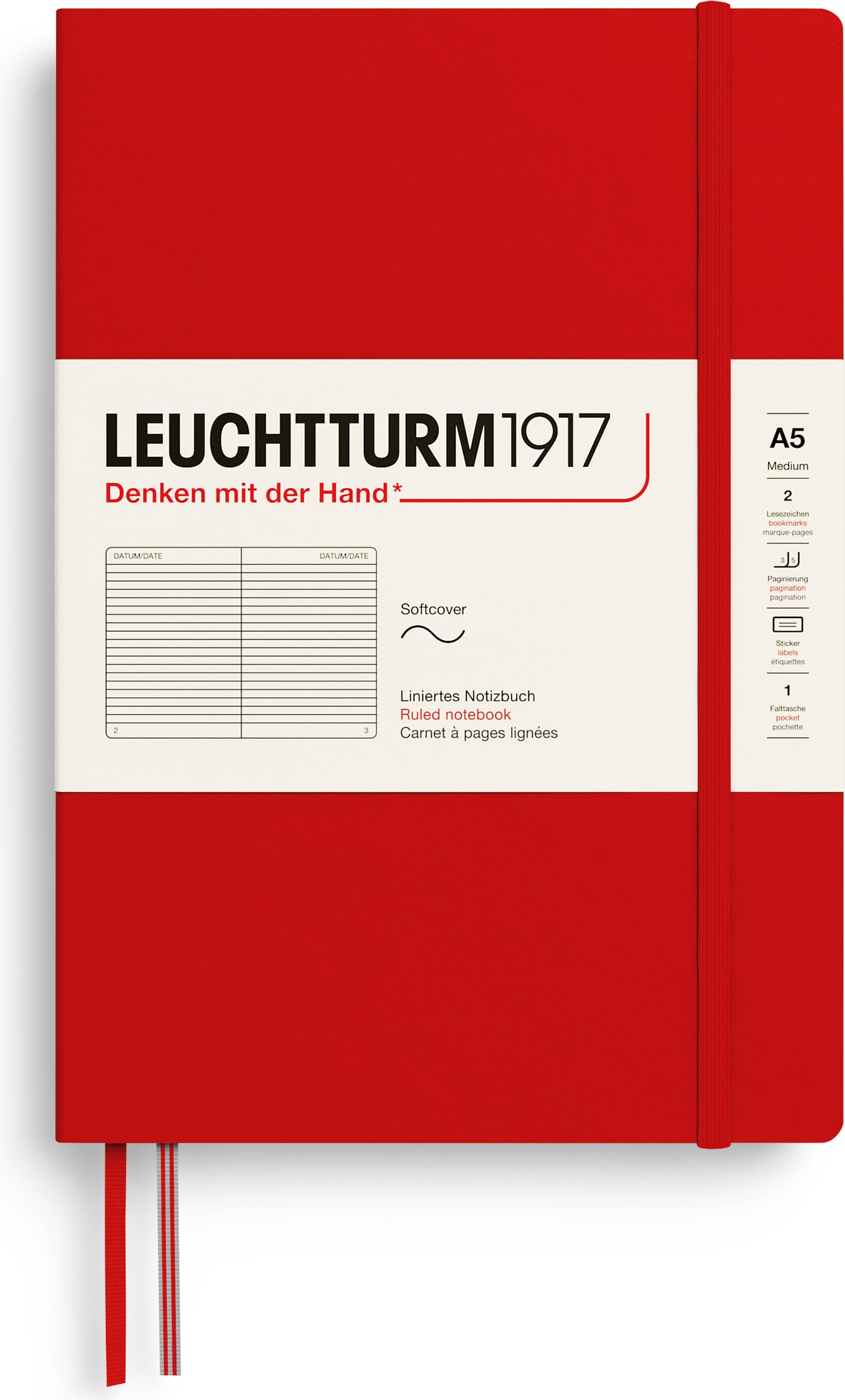 Leuchtturm 1917 Notizbuch A5, liniert, Softcover, 123 Seiten, kirschrot, 80 g/m²