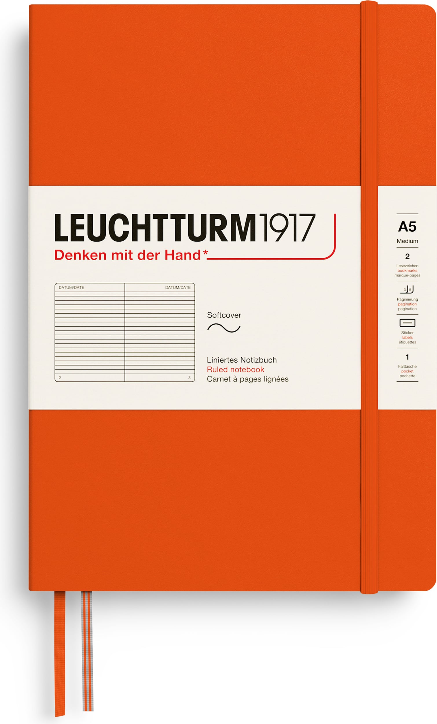 Leuchtturm 1917 Notizbuch A5, liniert, Softcover, 123 Seiten, kürbisgelb, 80 g/m²