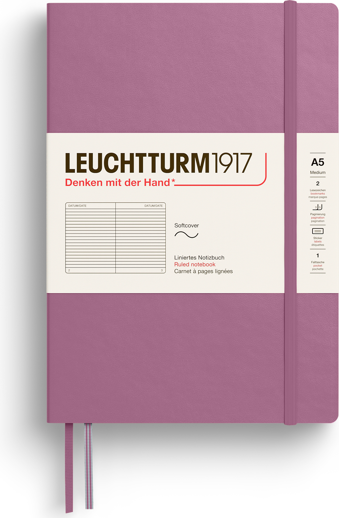Leuchtturm 1917 Notizbuch A5, liniert, Softcover, 123 Seiten, schmutziges Rosa, 80 g/m²