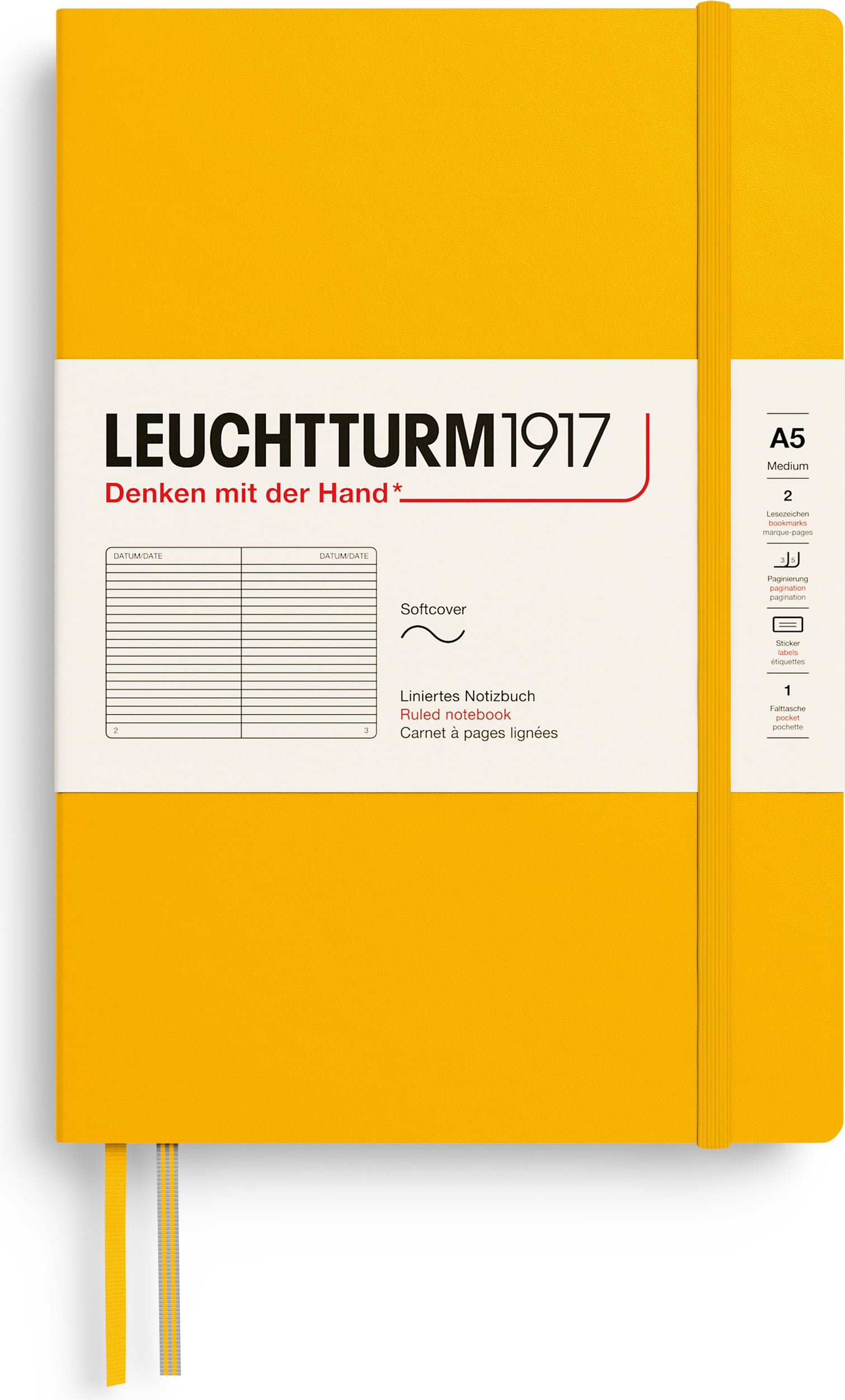 Leuchtturm 1917 Notizbuch A5, liniert, Softcover, 123 Seiten, sonnengelb, 80 g/m²