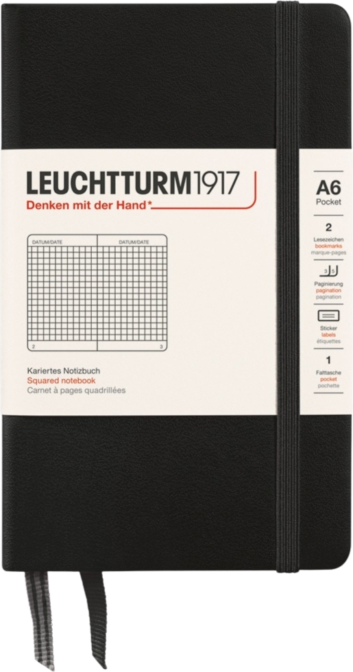 Leuchtturm 1917 Notizbuch A6, kariert, Hardcover, 187 Seiten, schwarz, 80 g/m²