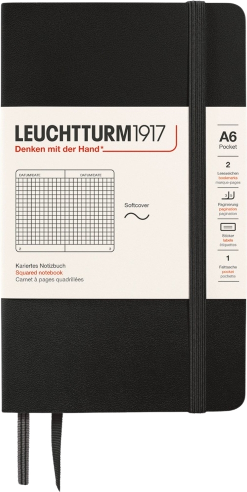 Leuchtturm 1917 Notizbuch A6, kariert, Softcover, 123 Seiten, schwarz, 80 g/m²