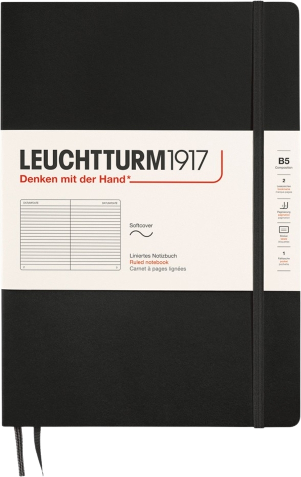 Leuchtturm 1917 Notizbuch B5, liniert, Softcover, 123 Seiten, schwarz, 80 g/m²