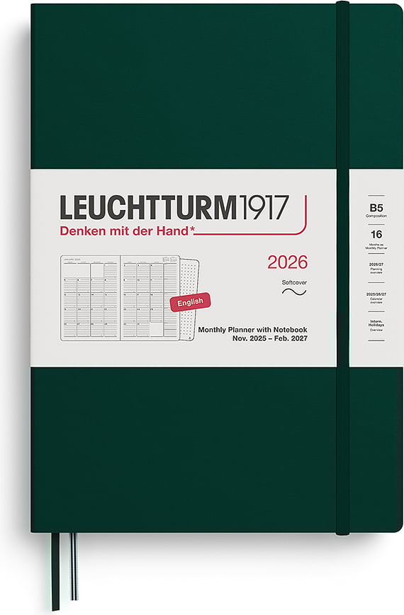 Leuchtturm 1917 Planer mjesečni s bilježnicom meki uvez 16 mjeseci 2025/2027 B5 EN šumsko zeleni