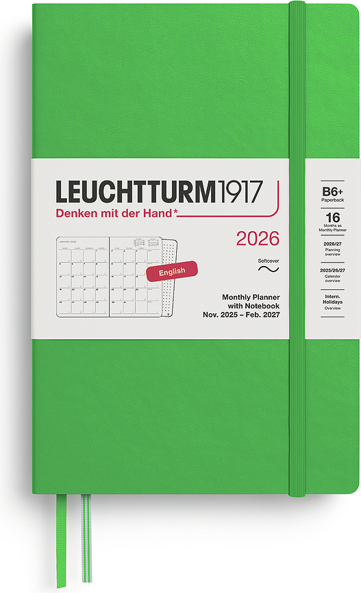 Leuchtturm 1917 Planer mjesečni s bilježnicom meki uvez 16M 2025/2027 EN B6+ svijetlozeleni