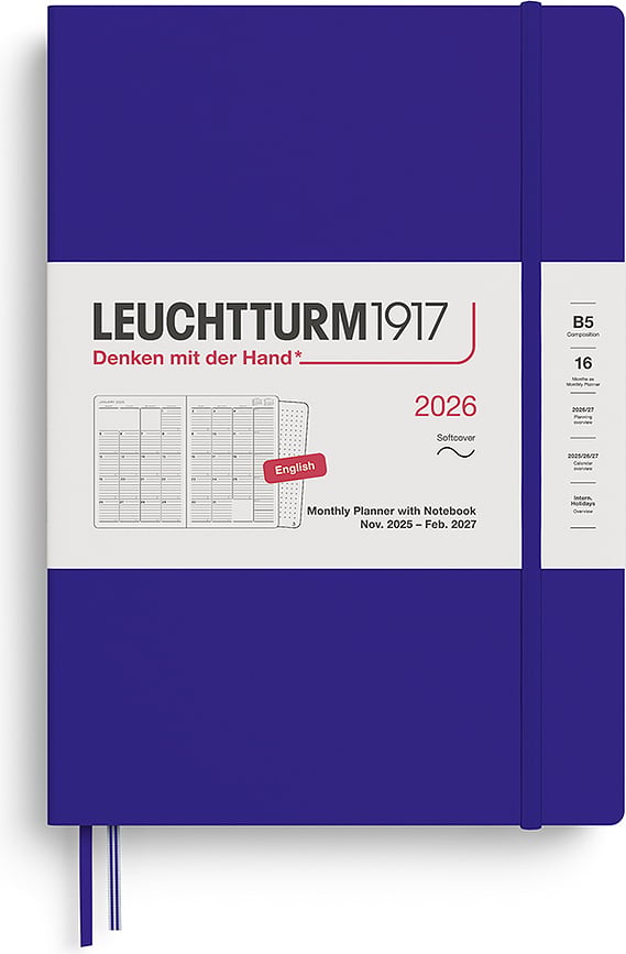 Leuchtturm 1917 Planer mjesečni s bilježnicom meki uvez 2025/2027 16 mjeseci engleski B5 tamnoplavi