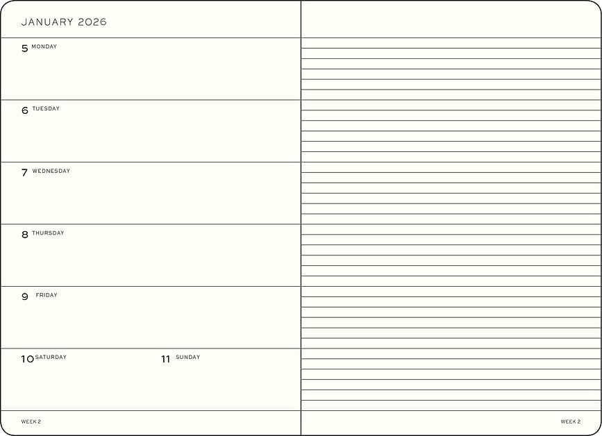 Leuchtturm 1917 Tjedni Planer 18 mjeseci 2025/2026 A5 meki uvez s bilježnicom na crte EN crni