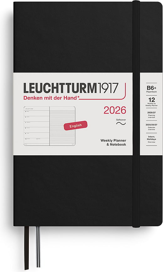 Leuchtturm 1917 Rokovnik tjedni 2026 B6+ meki uvez s bilježnicom na crte EN crni