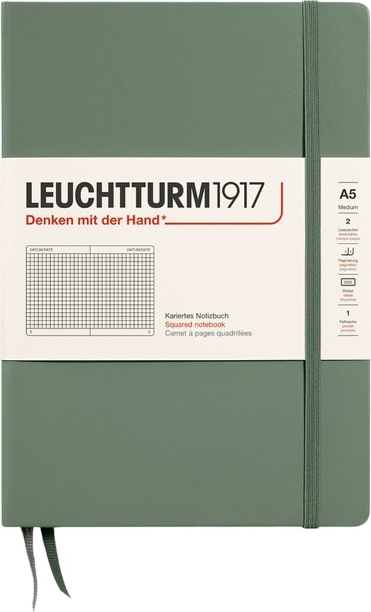 Leuchtturm 1917 ruuduline kõvakaaneline märkmik A5, 251 lehte, oliiviroheline, 80 g/m²