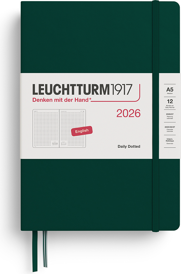 Leuchtturm 1917 Tagesplaner 2026 EN A5, gepunktet, Hardcover, Waldgrün