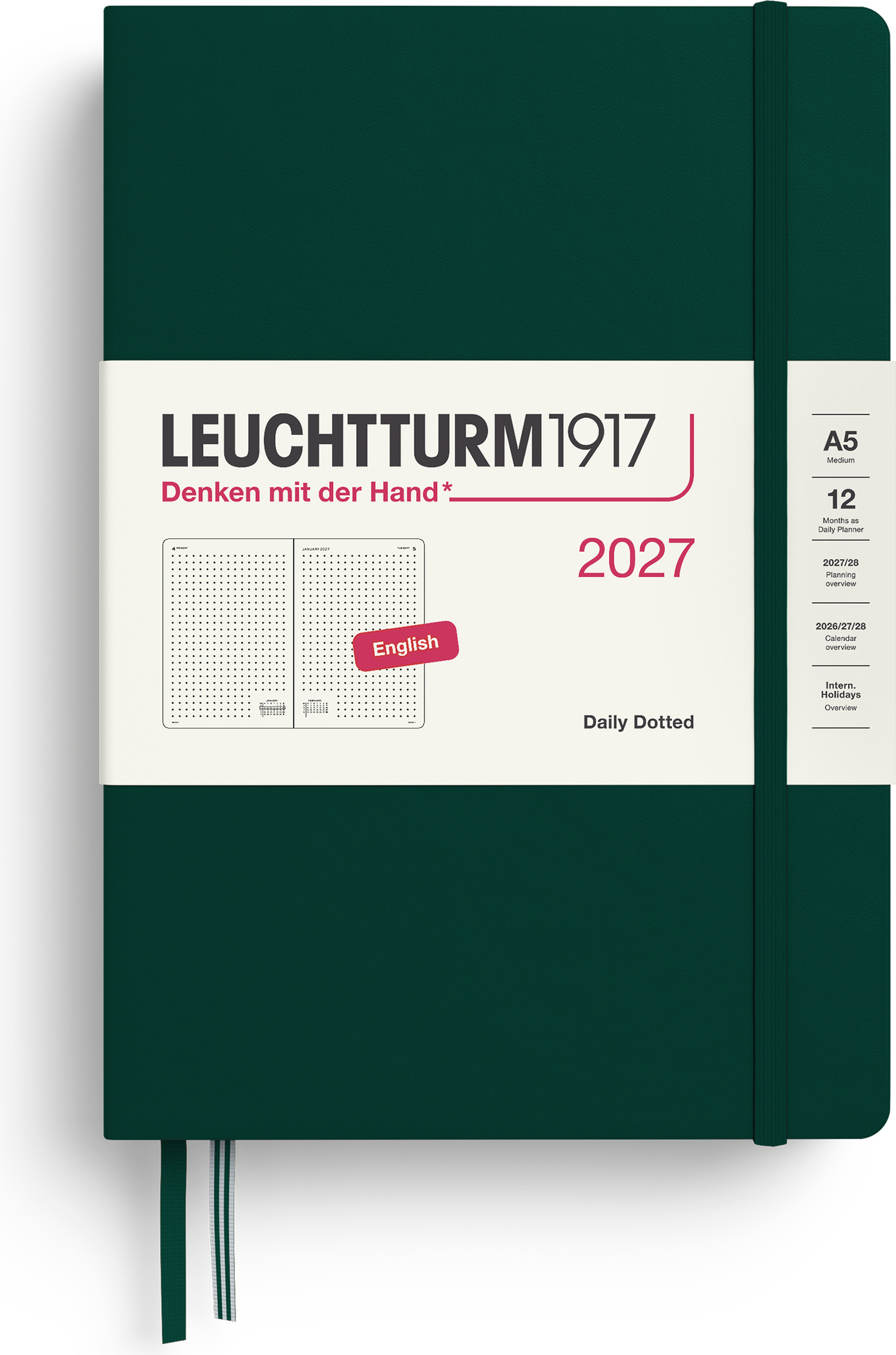 Leuchtturm 1917 Tagesplaner gepunktet Hardcover 2027 EN A5, dunkelgrün