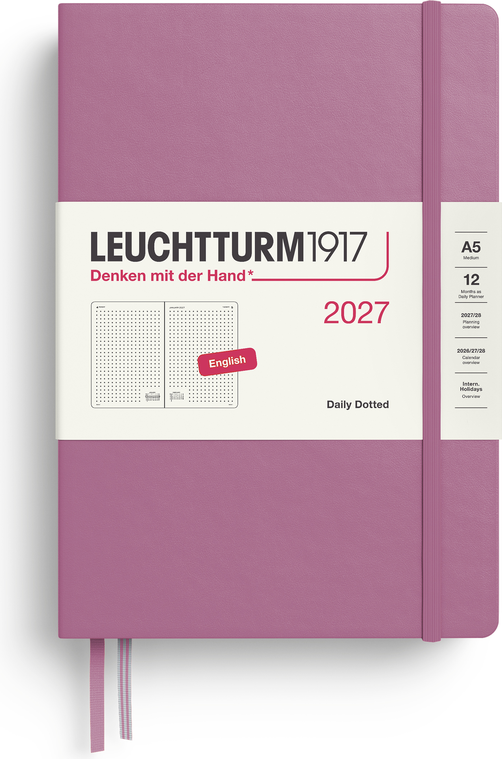 Leuchtturm 1917 Tagesplaner gepunktet Hardcover 2027 EN A5, rosa