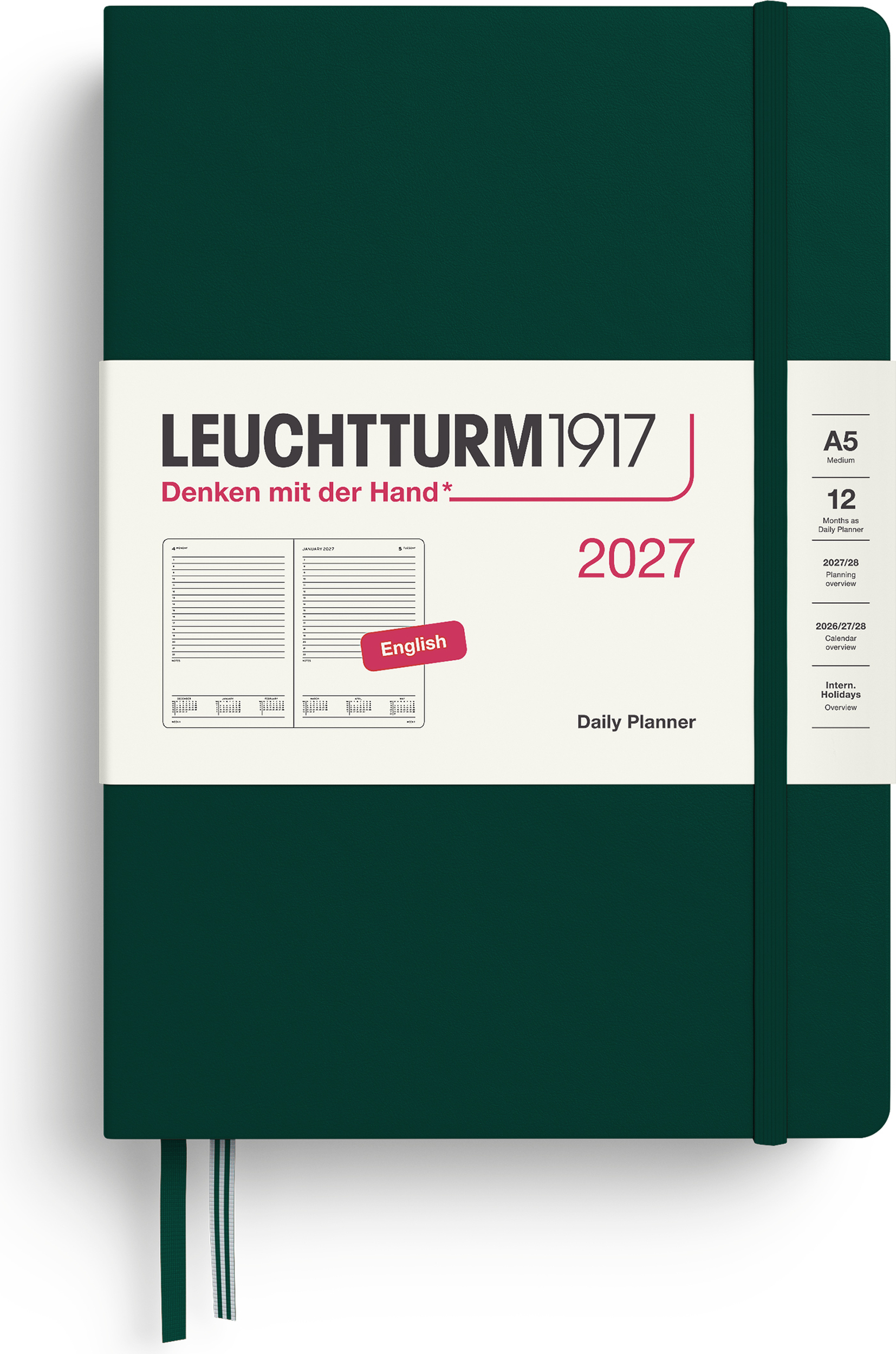Leuchtturm 1917 Tagesplaner liniert Hardcover 2027 EN A5, dunkelgrün