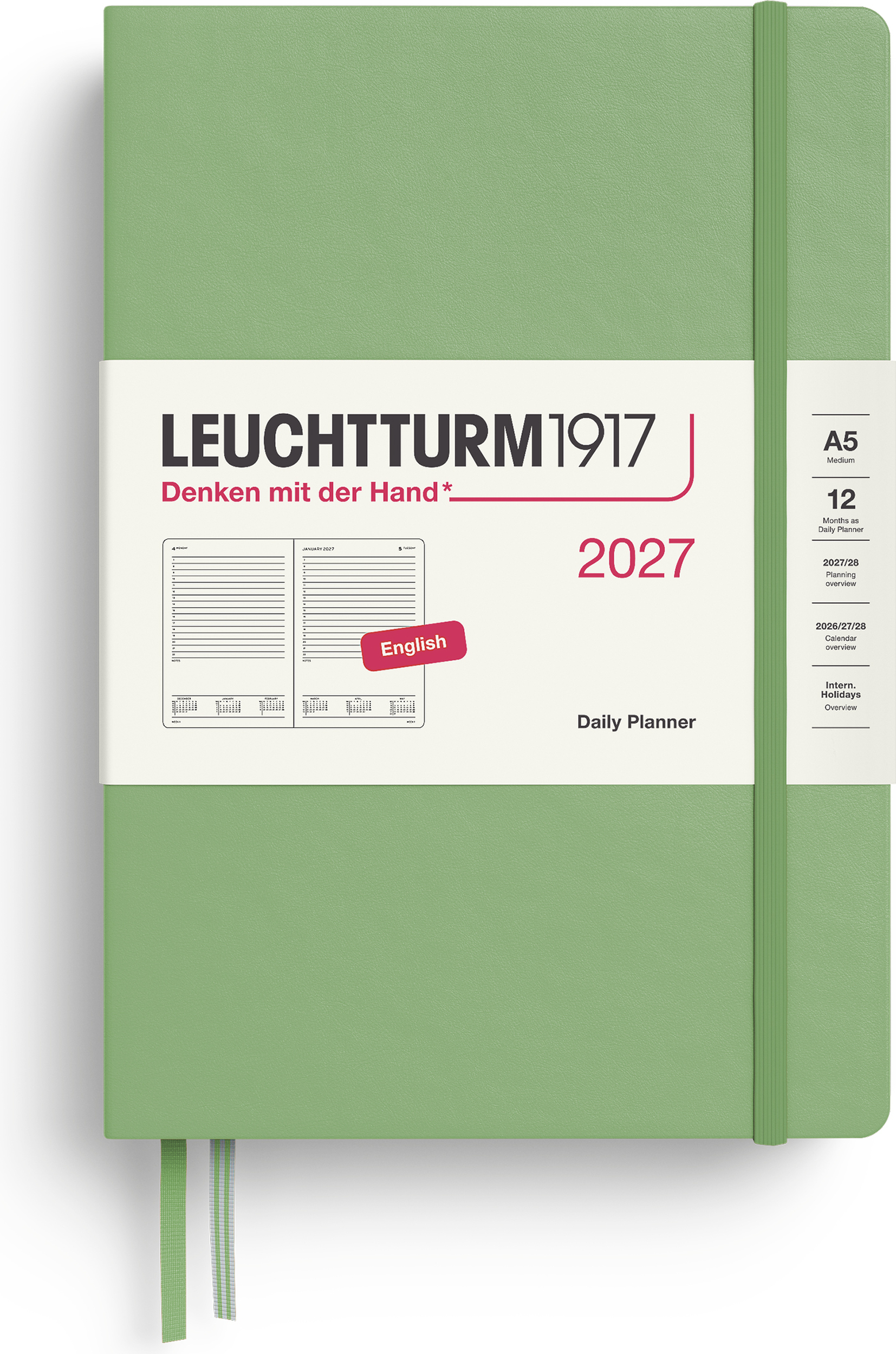 Leuchtturm 1917 Tagesplaner liniert Hardcover 2027 EN A5, hellgrün