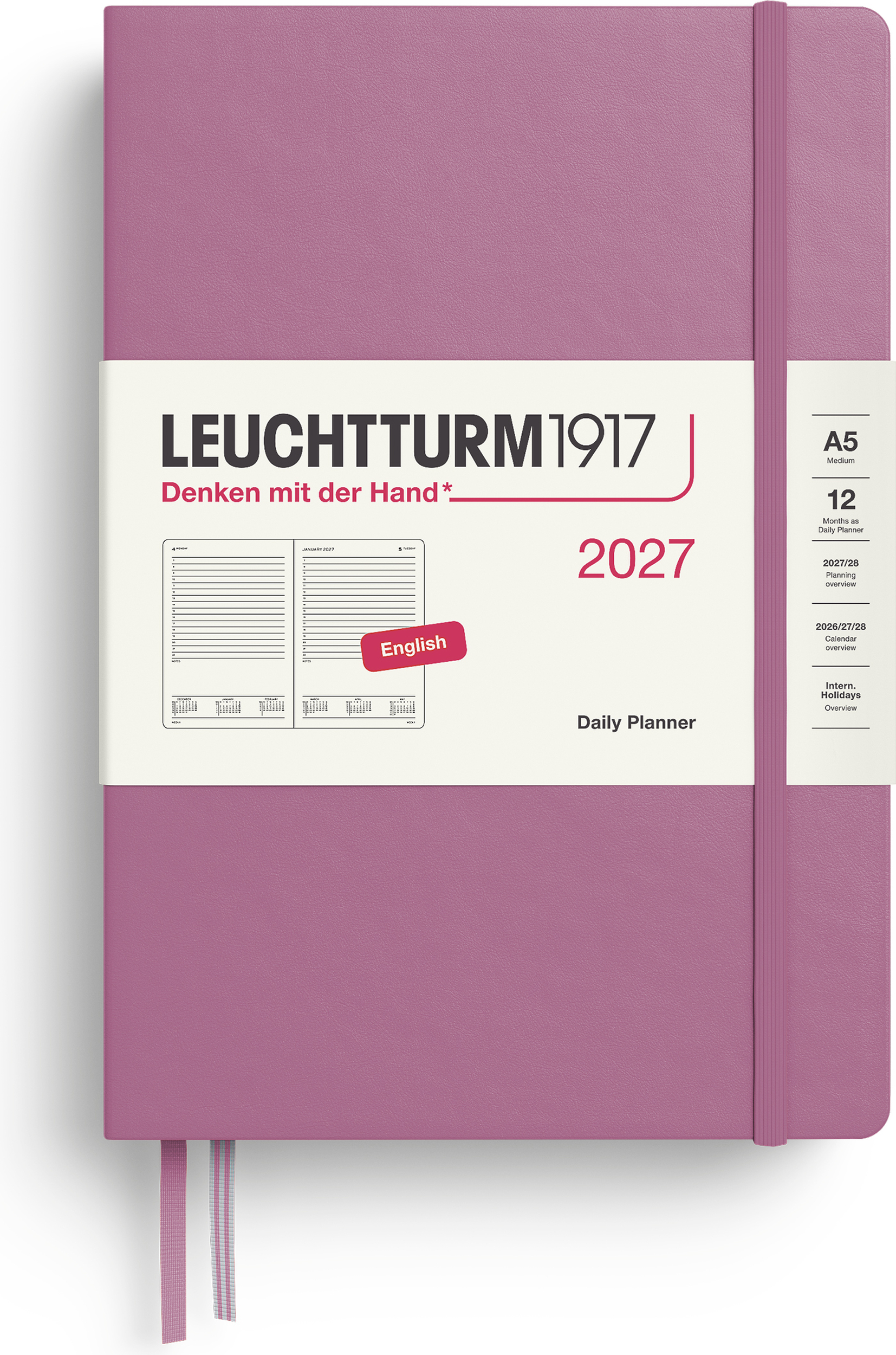 Leuchtturm 1917 Tagesplaner liniert Hardcover 2027 EN A5, rosa