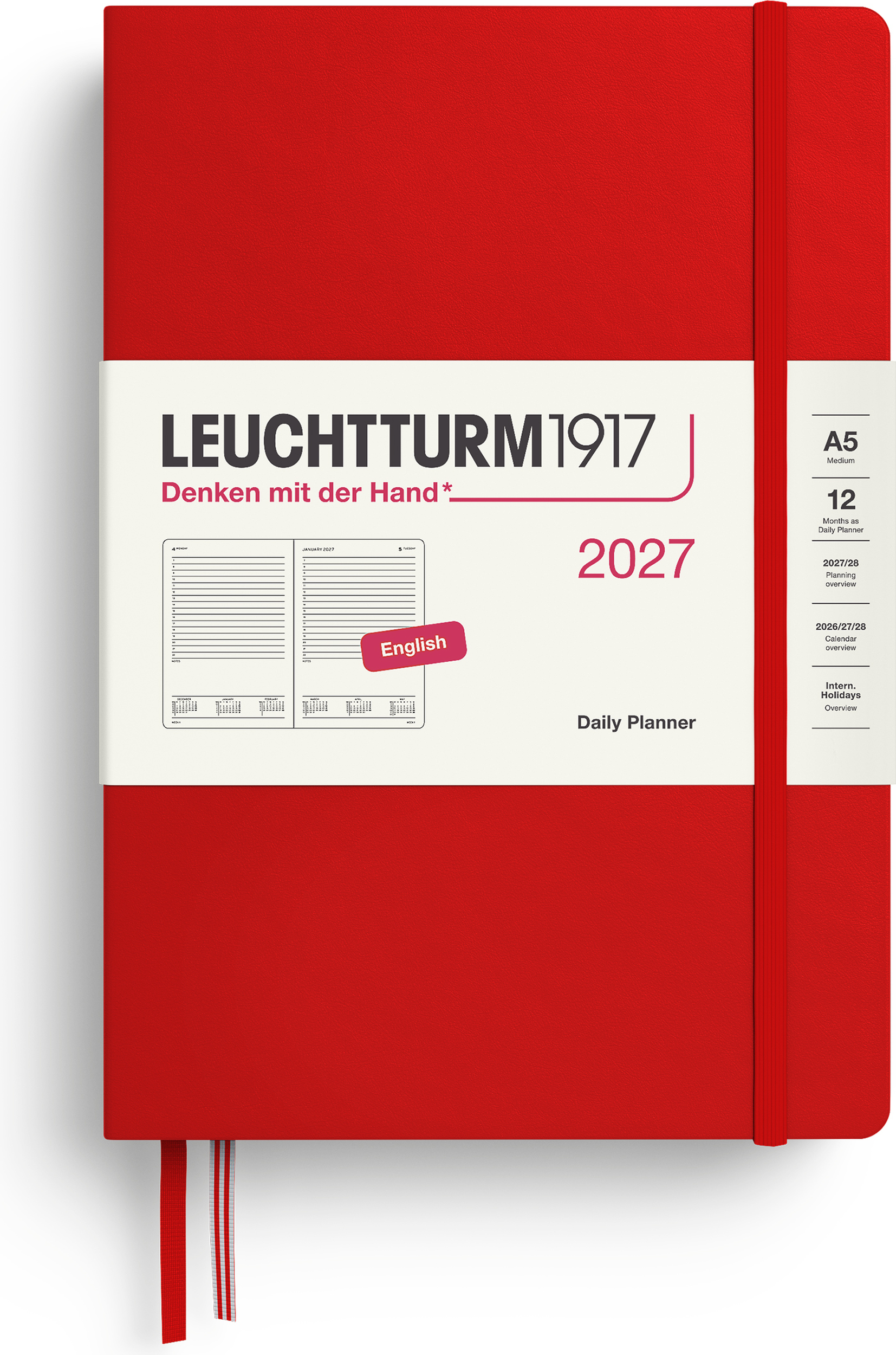 Leuchtturm 1917 Tagesplaner liniert Hardcover 2027 EN A5, rot