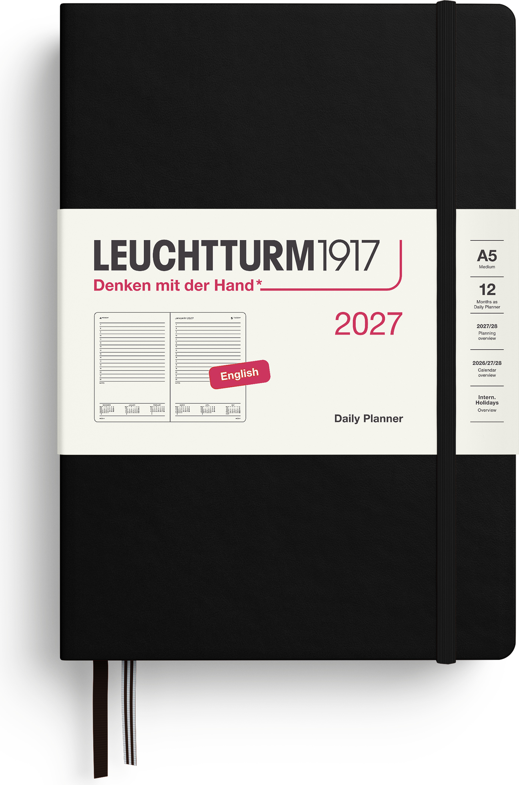 Leuchtturm 1917 Tagesplaner liniert Hardcover 2027 EN A5, schwarz