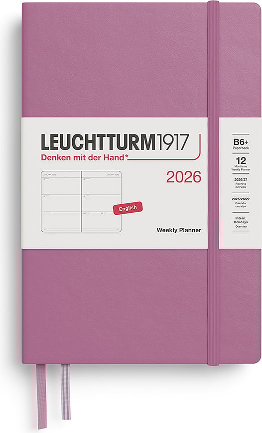 Leuchtturm 1917 Tedenski planer 2026 EN B6+, trda vezava, umazano roza