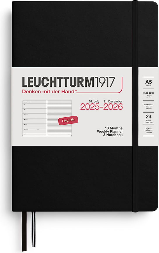 Leuchtturm 1917 Tedenski planer z zvezkom na črte, 18 mesecev, 2025/2026, trda vezava, A5, črn