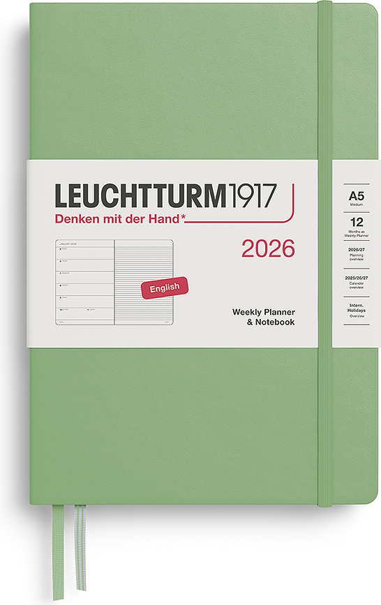Leuchtturm 1917 Tedenski planer z zvezkom na črte, 2026 EN, A5, žajbljevo zelena