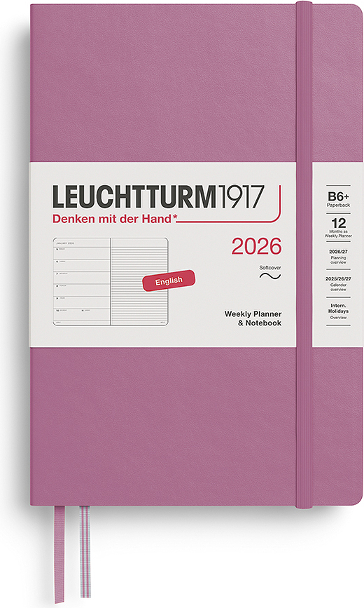 Leuchtturm 1917 Tedenski planer z zvezkom s črtami, 2026 EN B6+, mehak ovitek, umazano roza