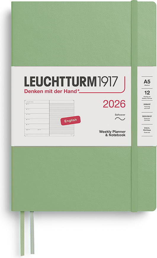 Leuchtturm 1917 Tjedni Planer s bilježnicom na crte meki uvez 2026 EN A5 kadulja zelena