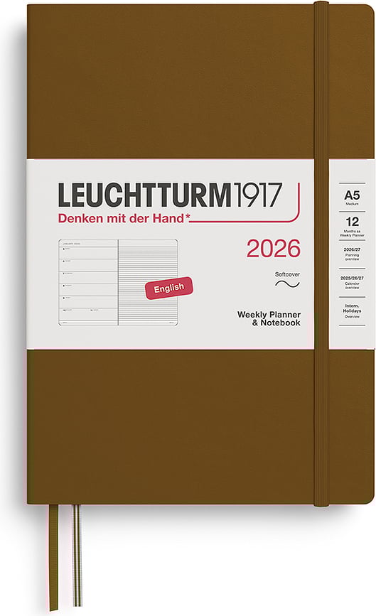 Leuchtturm 1917 Tjedni Planer s bilježnicom na crte meki uvez 2026 EN A5 smeđi