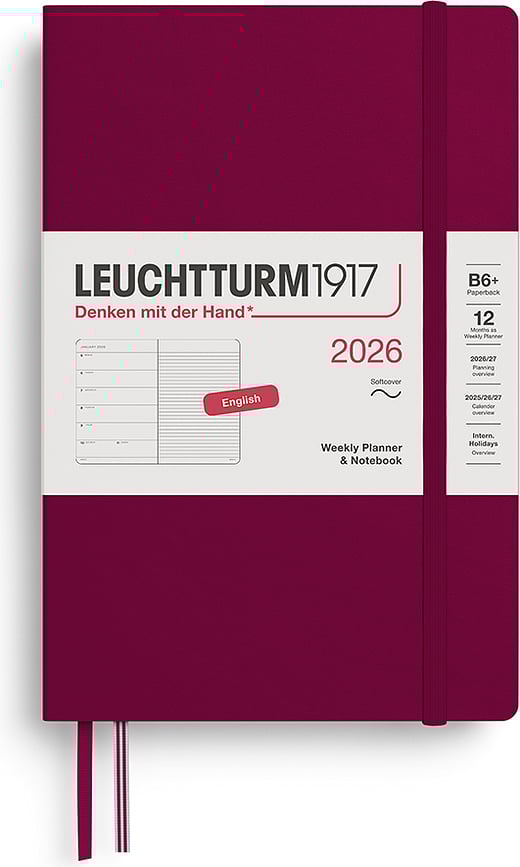 Leuchtturm 1917 Tjedni Planer s bilježnicom na crte meki uvez 2026 EN B6+ bordo