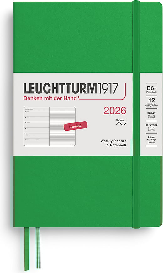 Leuchtturm 1917 Tjedni Planer s bilježnicom na crte meki uvez 2026 EN B6+ svijetlozeleni